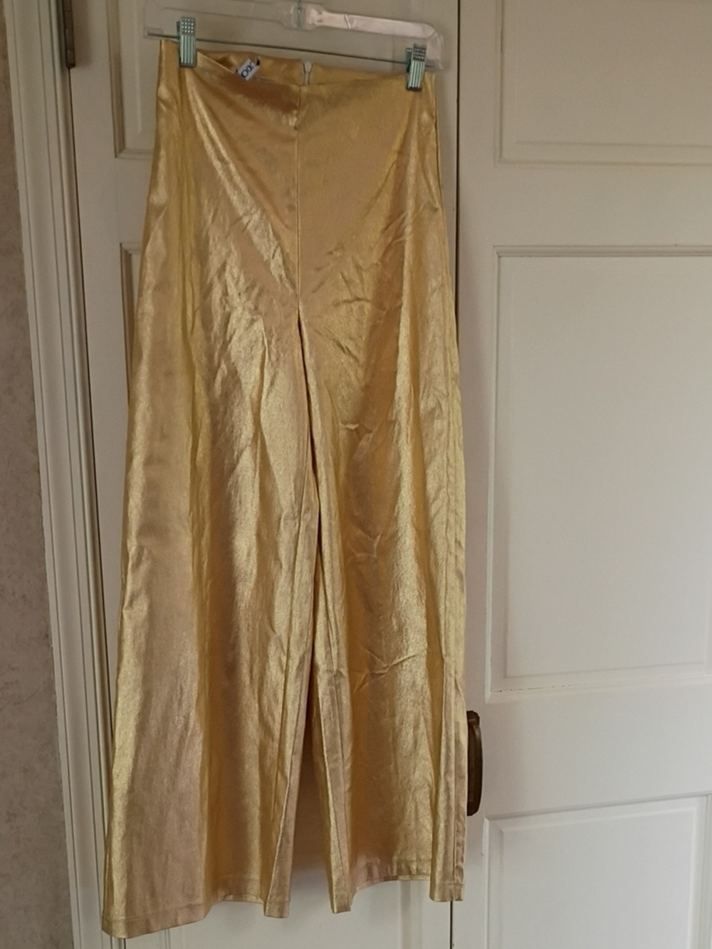 New No Tag.Shiny Gold Wide-Leg Satin Pants - Picture 2 of 7